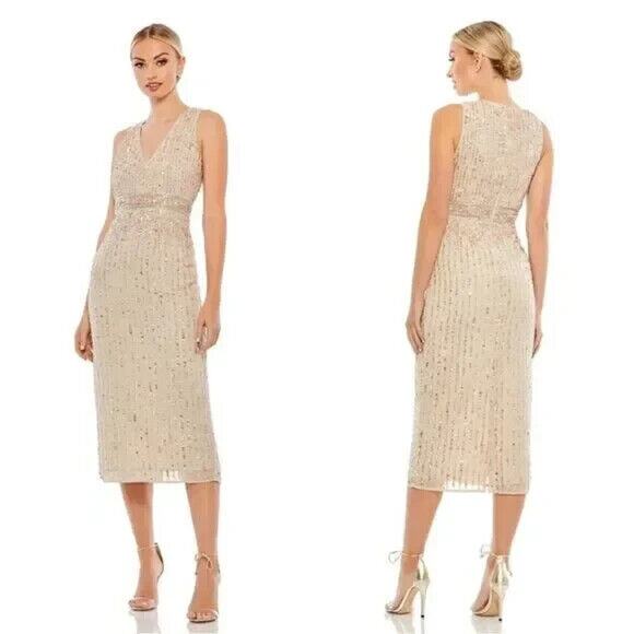NWT Mac Duggal 70267 Nude Sequined Sleeveless V Neck‎ Midi Sheath Dress Size 12 - Picture 1 of 6